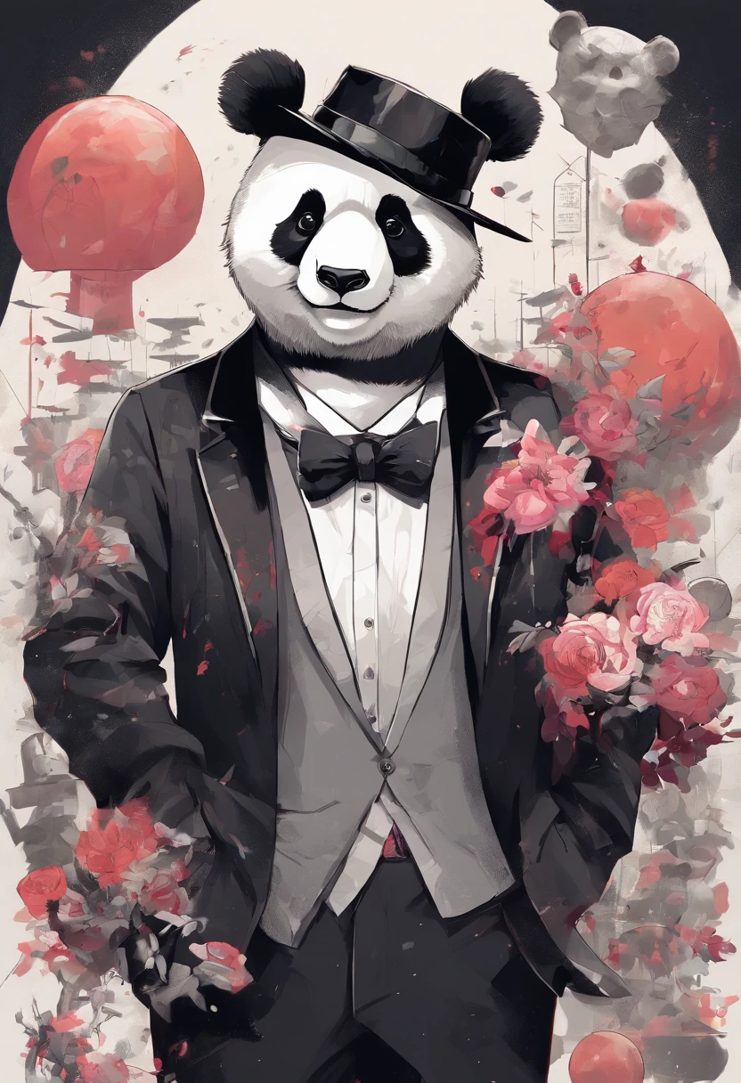 anthropomorphic panda, de cuerpo entero, vestido formalmente con un blazer, sostiene una bandeja, pegatina de panda, sticker de panda.