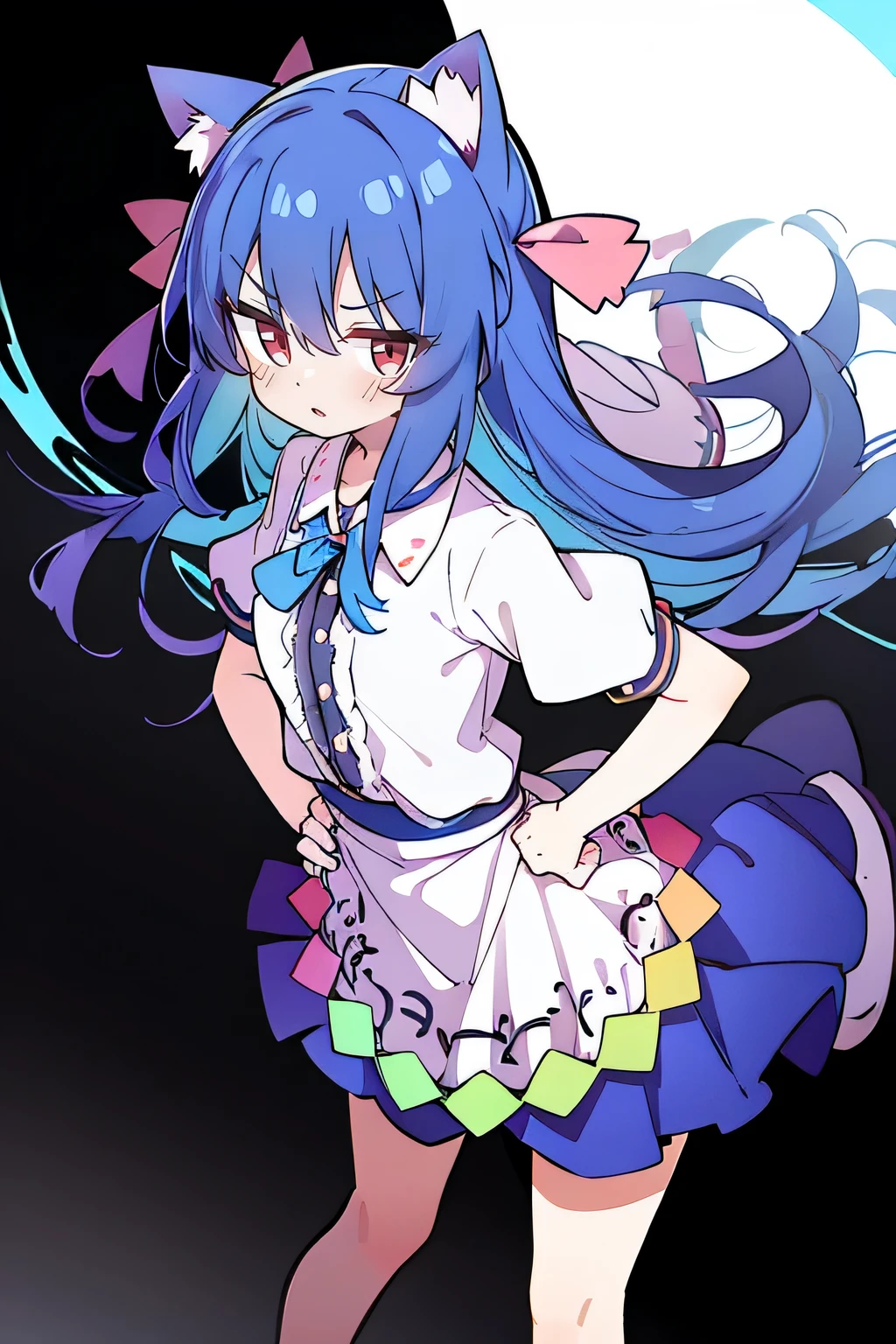 (masterpiece),best quality, expressive eyes, perfect face, 1girl,
 Put your hands on your waist,fair, Gorgeous,Japanese cartoons,girl,lola,Hina Angel, blue hair, blue haired, floating clothes,Grab your waist, Grab your waist, hands on hips , hands on hips,sit, sit on ground, Legs on the ground, flat chest,cat ears,