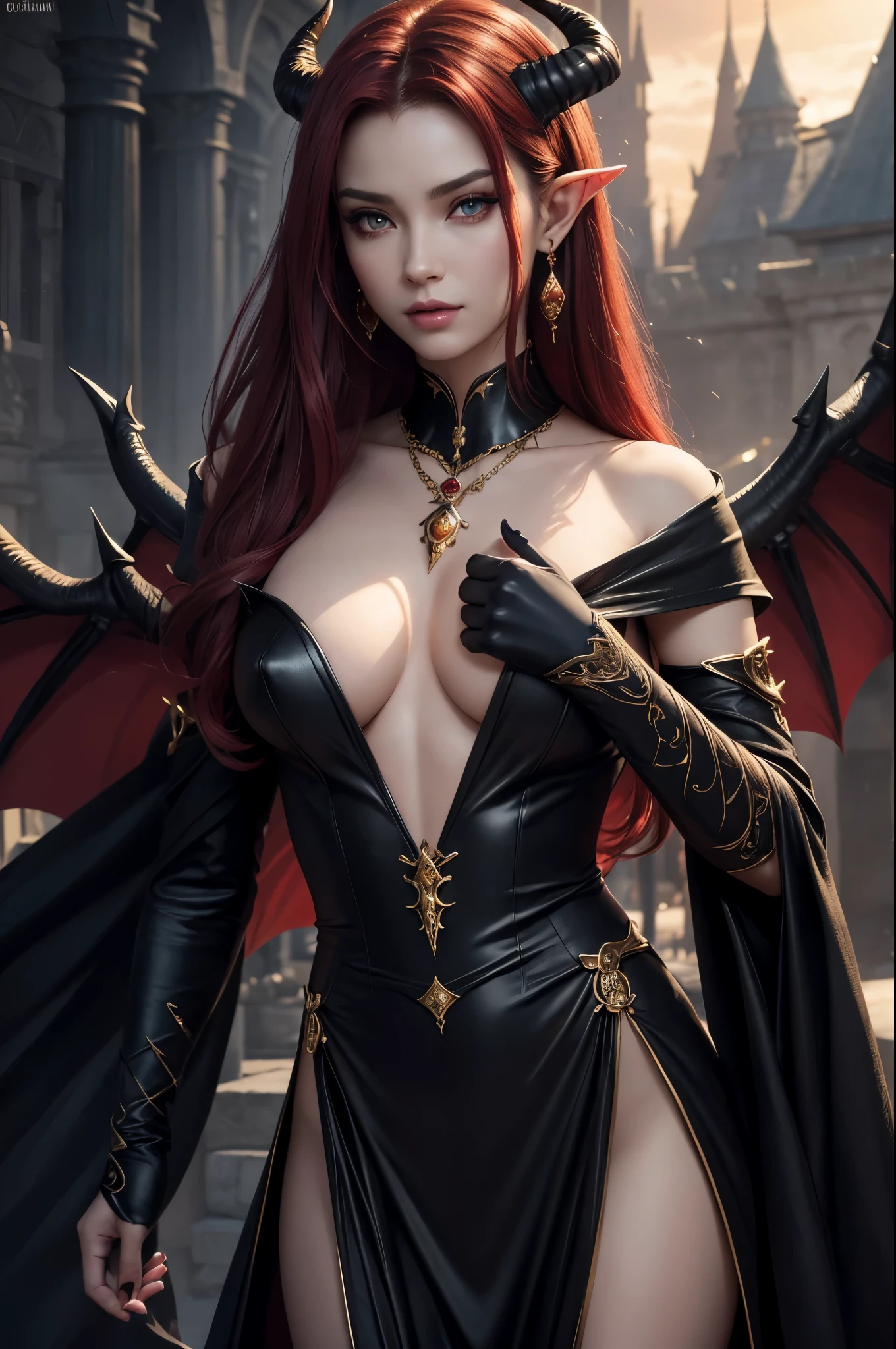 8K,Demon Empress,Sharp-toothed Empress,pointed ears,devil&#39;s horns,Super beautiful(like the real thing),Gorgeous black and long dress,Sexy adult empress,Devil makeup,red hair,Bat's wings on the back,perfect face,Perfect hand shape,pale skin,Sexy body line,Charm,Volume measurement,Body balance,ultra high resolution,super realistic skin,Digital single-lens reflex camera, soft lighting, high quality, highly detailed face, highly detailed eyes, highly detailed skin, skin, Scattered beneath the surface, highly detailed face, highly detailed eyes, beautiful expression, lip whole, detailed background, Depth of the bounds written, small breasts、volume lighting, sharp focus, absurd, realistic proportions, excellent anatomy, (realistic, 超realistic:1.4), 16K HDR, dawn,small breastsA high resolution,super realistic skin,super beautiful expression,fantasy art,character art,dynamic pose,golden eyes,red gem,necklace,earrings,Golden Choker,sexy pose,