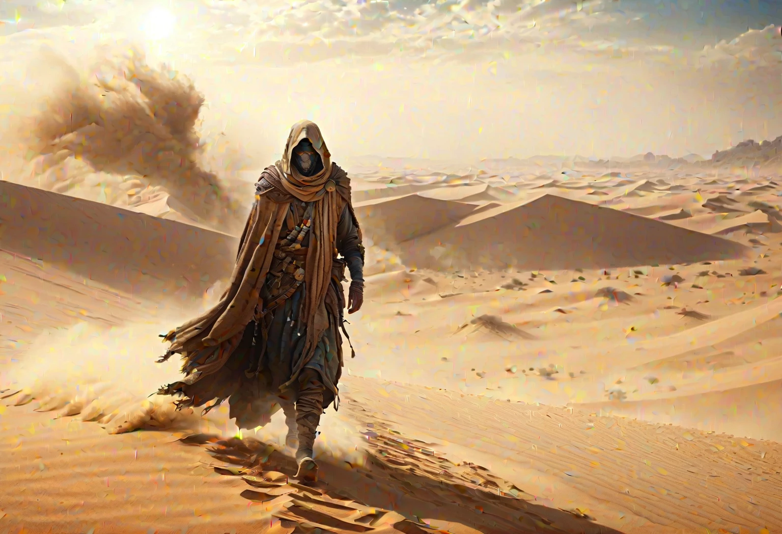 Ancient Cloaked Traveler, Crossing the sandstorm desert, mythical, 4k, Sharp focus and detail, Ultra-detailed and realistic, turn away from the viewer