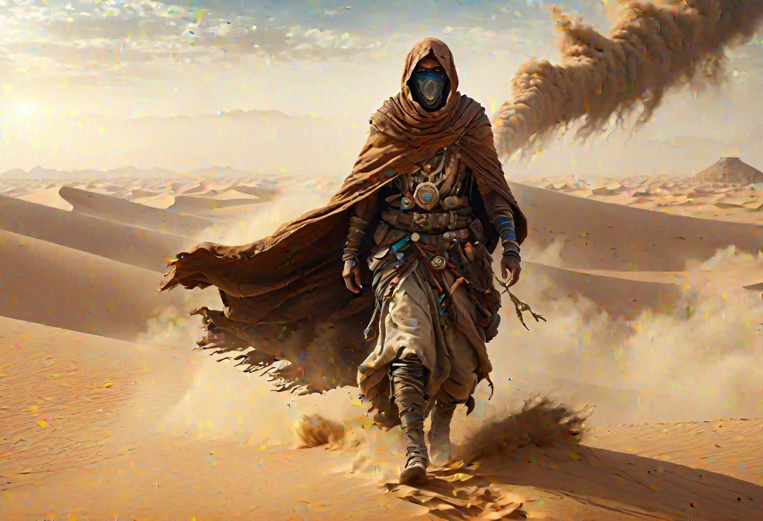 Ancient Cloaked Traveler, Crossing the sandstorm desert, mythical, 4k, Sharp focus and detail, Ultra-detailed and realistic, turn away from the viewer