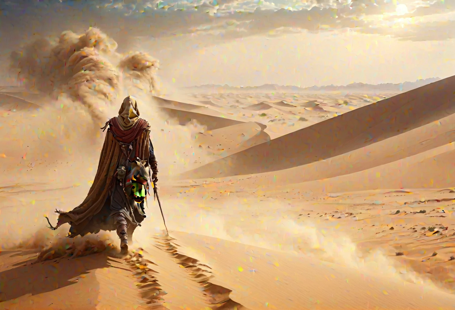 Ancient Cloaked Traveler, Crossing the sandstorm desert, mythical, 4k, Sharp focus and detail, Ultra-detailed and realistic, turn away from the viewer