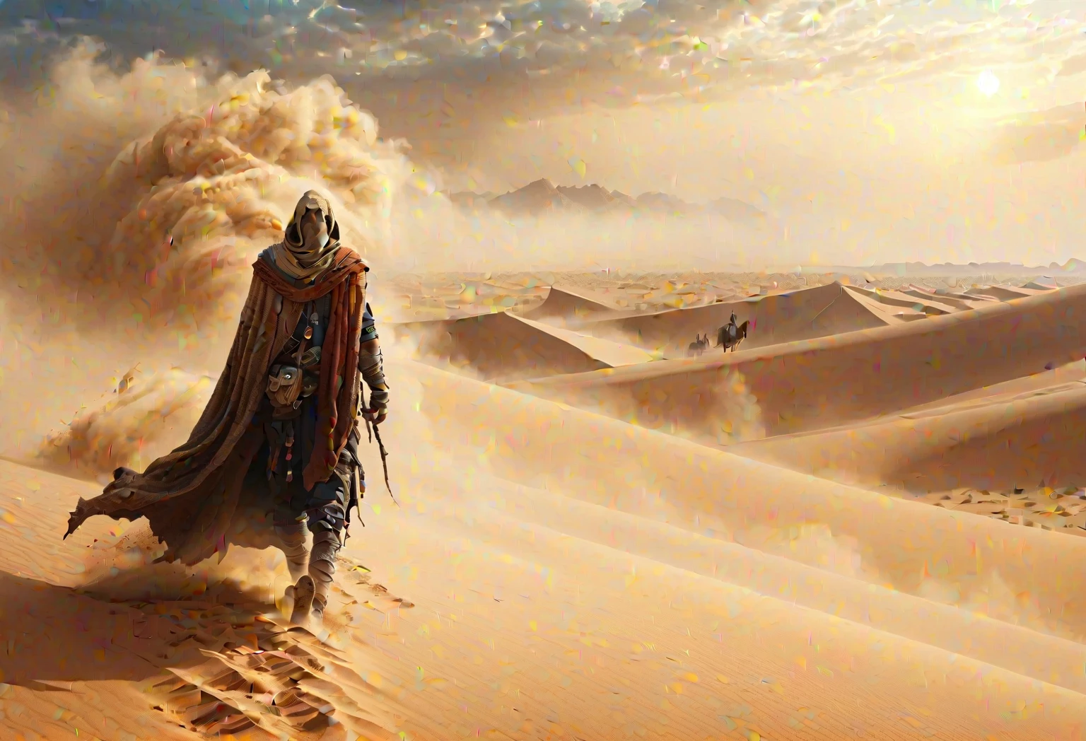 Ancient Cloaked Traveler, Crossing the sandstorm desert, mythical, 4k, Sharp focus and detail, Ultra-detailed and realistic, turn away from the viewer