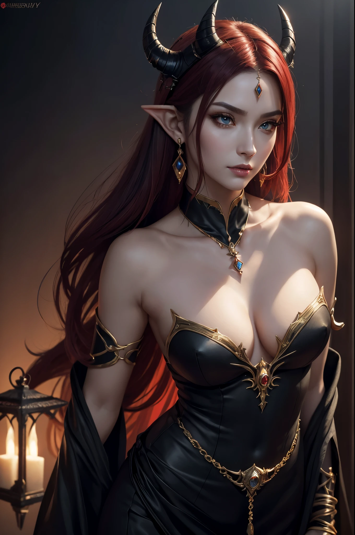 8K,Demon Empress,Sharp-toothed Empress,pointed ears,devil's horns,Super beautiful(like the real thing),Gorgeous black and long dress,Sexy adult empress,Devil makeup,red hair,Bat's wings on the back,perfect face,Perfect hand shape,pale skin,Sexy body line,Charm,Volume measurement,Body balance,ultra high resolution,super realistic skin,Digital single-lens reflex camera, soft lighting, high quality, highly detailed face, highly detailed eyes, highly detailed skin, skin, Scattered beneath the surface, highly detailed face, highly detailed eyes, beautiful expression, lip whole, detailed background, Depth of the bounds written, small breasts、volume lighting, sharp focus, absurd, realistic proportions, excellent anatomy, (realistic, 超realistic:1.4), 16K HDR, dawn,small breastsA high resolution,super realistic skin,super beautiful expression,fantasy art,character art,dynamic pose,golden eyes,red gem,necklace,earrings,Golden Choker,sexy pose,