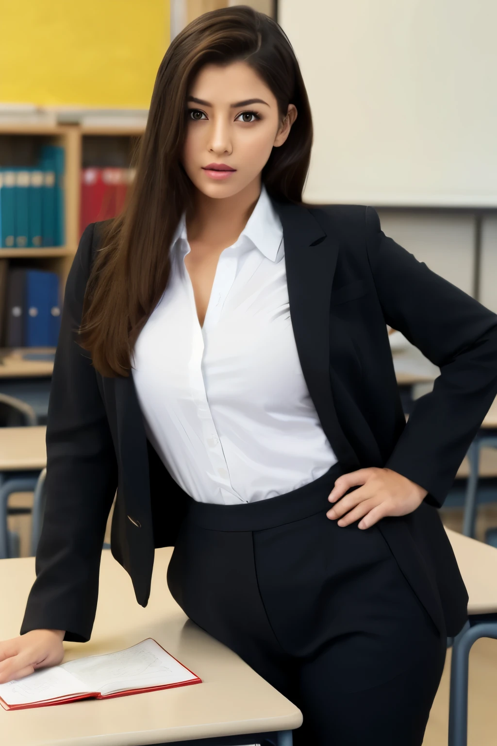 A woman wearing a white shirt and a black suit stands behind a desk in the classroom, leaning forward with her hands on the desk. She has a seductive look on her face, her mouth slightly open, and a seductive look in her eyes.