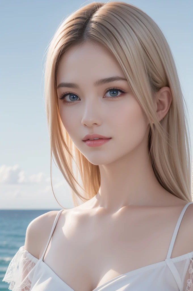 1girl, (Best Quality:1.4), (Ultra-detailed), (Detailed light), (extremely detailed beautiful face), Amazing face and eyes, clear blue eyes, beautiful white hair, White hair blowing in the wind, Beautiful sheer lace Off shoulder, Beautiful breasts, extremely detailed CG unified 8k wallpaper, High-definition raw color photos, professional photograpy, dynamic lighting, (nipples:1.1), sunny skies, sea, palm trees, 