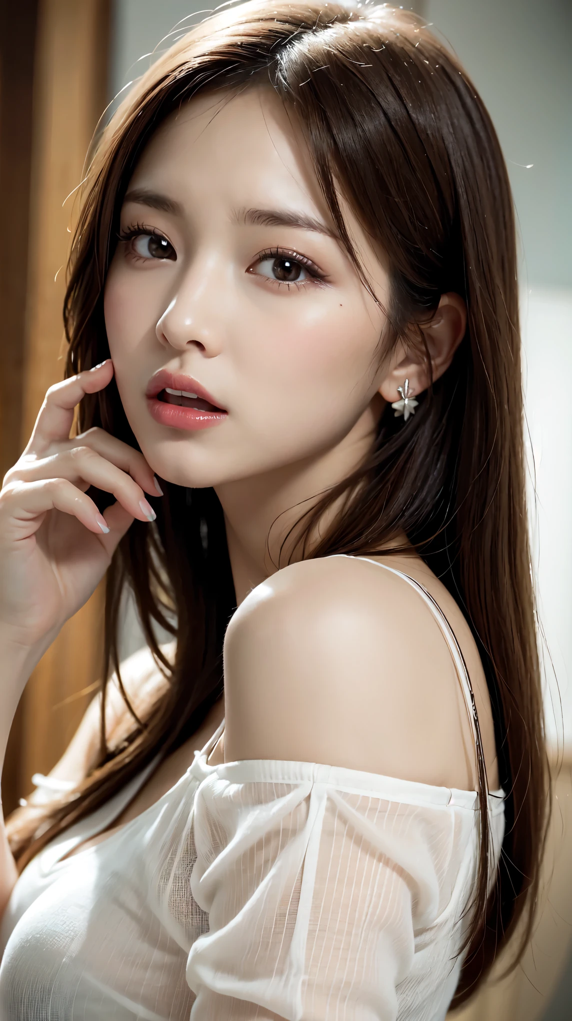 1 female, close up of face, Medium chest, light brown hair, dull bangs, hair behind the ear, shoulder hair, long hair, slender body shape, Extra-fine face, thin face, delicate lips, beautiful eyes, light blush, eyes are light brown, perfect shiny skin, perfect skin, Shining sweat,take a look here, ultra thin hands, extra thin fingers, Optimal ratio of 4 fingers and 1 thumb, (realistic:1.3), finger extension, see-through white blouse, The rotor is inside the vagina, ecstasy face, climax expression, View viewer, ((I can not stand it:1.5)), fujifilm, f/1.2, 8K, table top, nffsw, Super detailed, high quality, 最high quality, High resolution,
