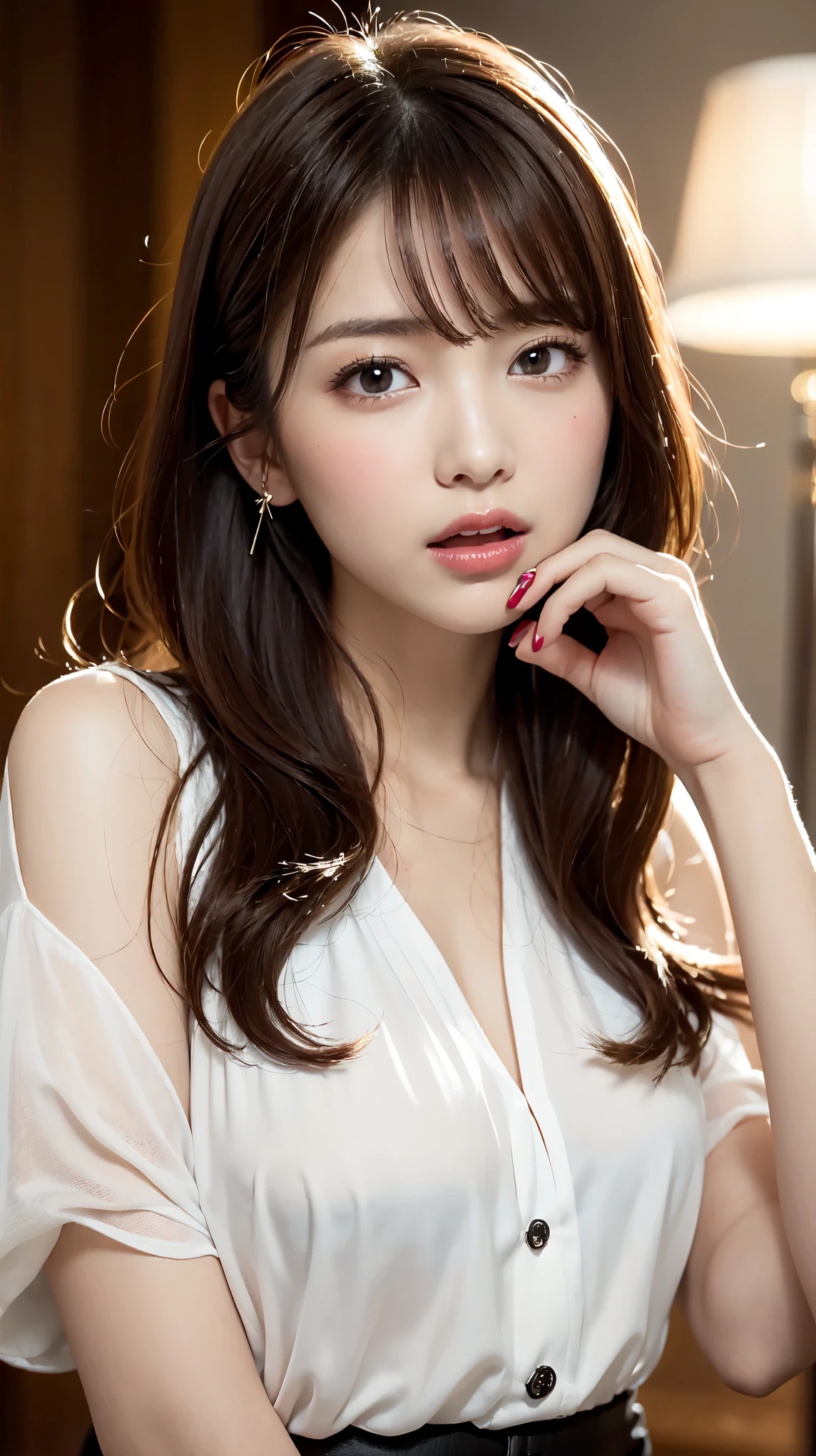 1 female, close up of face, Medium chest, light brown hair, dull bangs, hair behind the ear, shoulder hair, long hair, slender body shape, Extra-fine face, thin face, delicate lips, beautiful eyes, light blush, eyes are light brown, perfect shiny skin, perfect skin, Shining sweat,take a look here, ultra thin hands, extra thin fingers, Optimal ratio of 4 fingers and 1 thumb, (realistic:1.3), finger extension, see-through white blouse, The rotor is inside the vagina, ??????? face, climax expression, View viewer, ((I can not stand it:1.5)), fujifilm, f/1.2, 8K, table top, nffsw, Super detailed, high quality, 最high quality, High resolution,