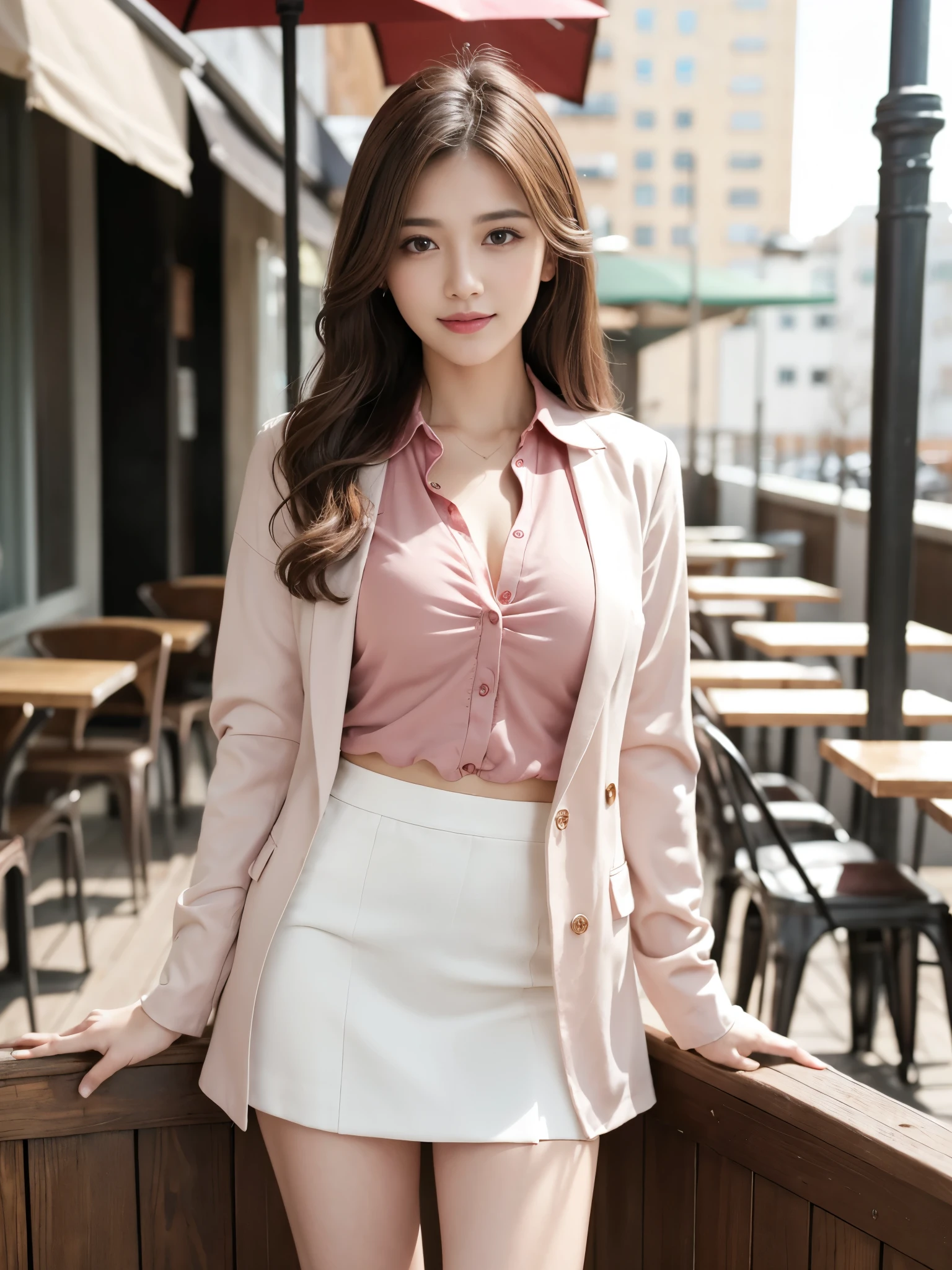 best quality, realistically, super detailed, detailed pubic hair, High resolution, 8k wallpaper, 1 beautiful woman, Pink wet lips, light brown messy hair, wearing a crimson suit, shirt, white skirt, lock focus, perfect dynamic composition, beautiful eyes, delicate hair, Detailed realistically skin texture, smile, close up portrait, model body shape, On the open terrace of the cafe, blurred background, (full body shot), Shooting from a distance, Random Body Orientation,