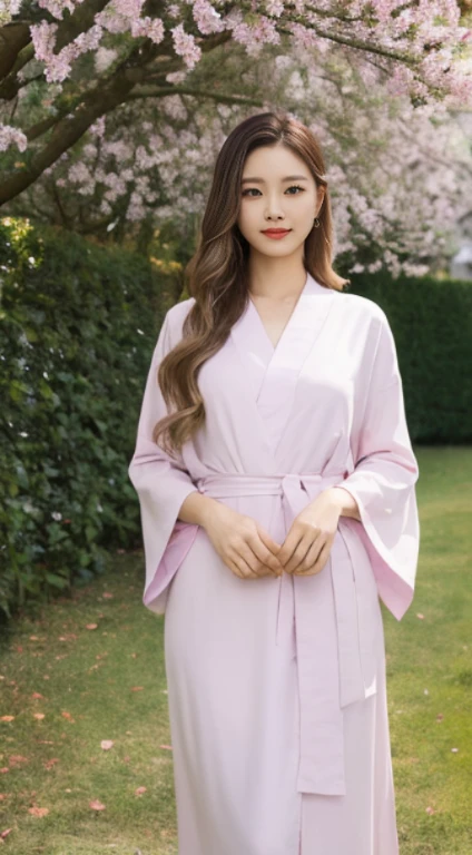 Cherry tree、Colorful kimono、open chest、I'm not wearing anything inside、full body shot、NiziUAYAKA、 4K、1people's women、slender、 Loose wavy styling 、seductive and attractive、Including face and skin texture.,detailed eyes、A soothing expression with a smile