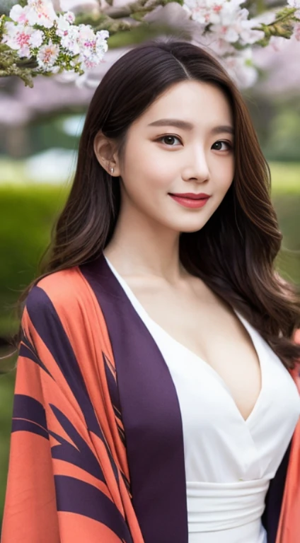 Cherry tree、Colorful kimono、open chest、I'm not wearing anything inside、full body shot、NiziUAYAKA、 4K、1people's women、slender、 Loose wavy styling 、seductive and attractive、Including face and skin texture.,detailed eyes、A soothing expression with a smile