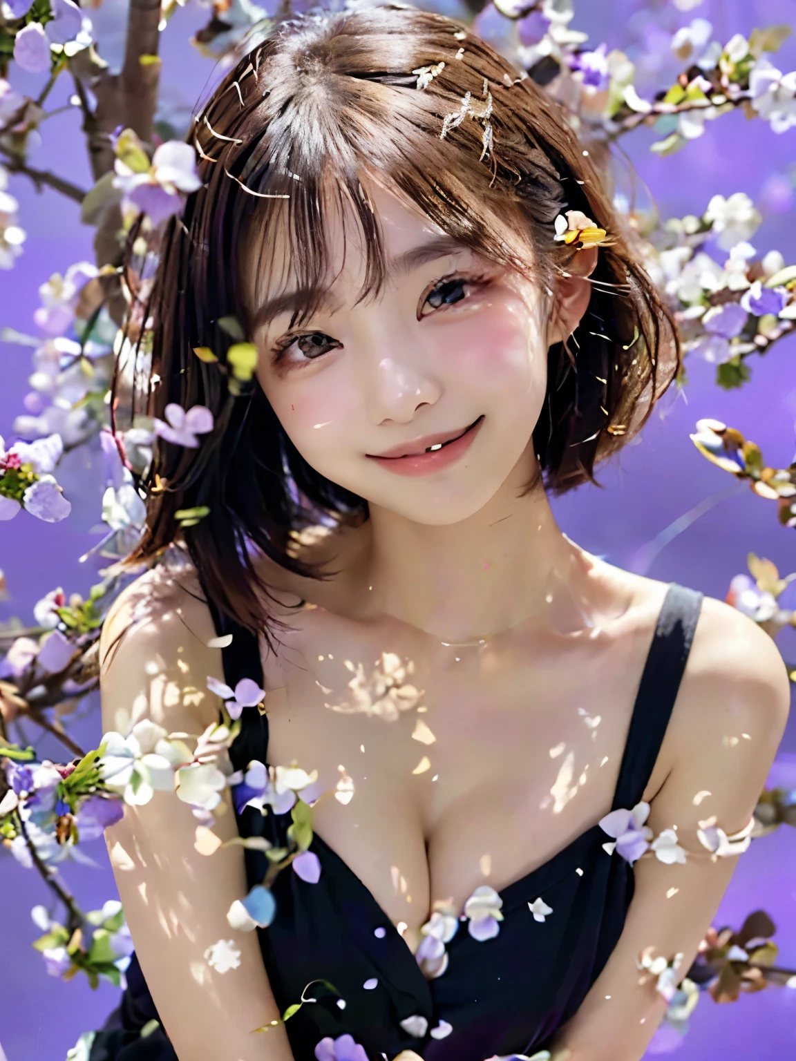 (software:1.8、masterpiece, highest quality, SONYα9ⅡF2 lens shooting),1 girl, alone, have, realistic, realistic, looking at the viewer, light brown eyes, Brunette short bob hair with highly detailed shiny hair, short hair:1.8、Beautiful face in symmetry、spring clothes:1.6, Whity, lips, bangs, outdoor, closed mouth, Upper body、Big eyes、eyelash、((Very simple light purple background:1.8))、(((bangsのあるshort hair、Big eyes、big and full chest、look at the audience、beautiful beauty、show me your ears、long neck、smile、please close your mouth and smile)))、ideal body proportions、(({Huge|big|huge|mega} chest:2, cleavage:2、happy smile、beautiful teeth、))