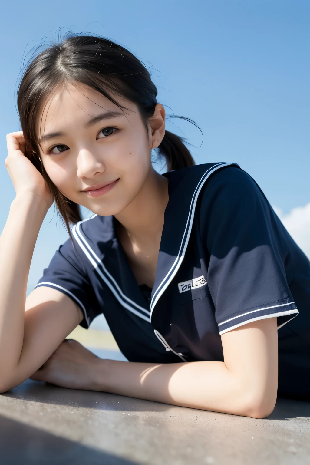 (highest quality,masterpiece:1.3,ultra high resolution),(Super detailed,caustics,8k),(photorealistic:1.4,RAW shooting),18-year-old,Japanese,cute,black short ponytail,Smiling and looking at the camera,sailor suit,forward leaning posture,shot from the waist up,(face focus:1.2),(Face close-up:1.2),(low position:1.3),(Low - Angle:1.4),blue sky,Natural light