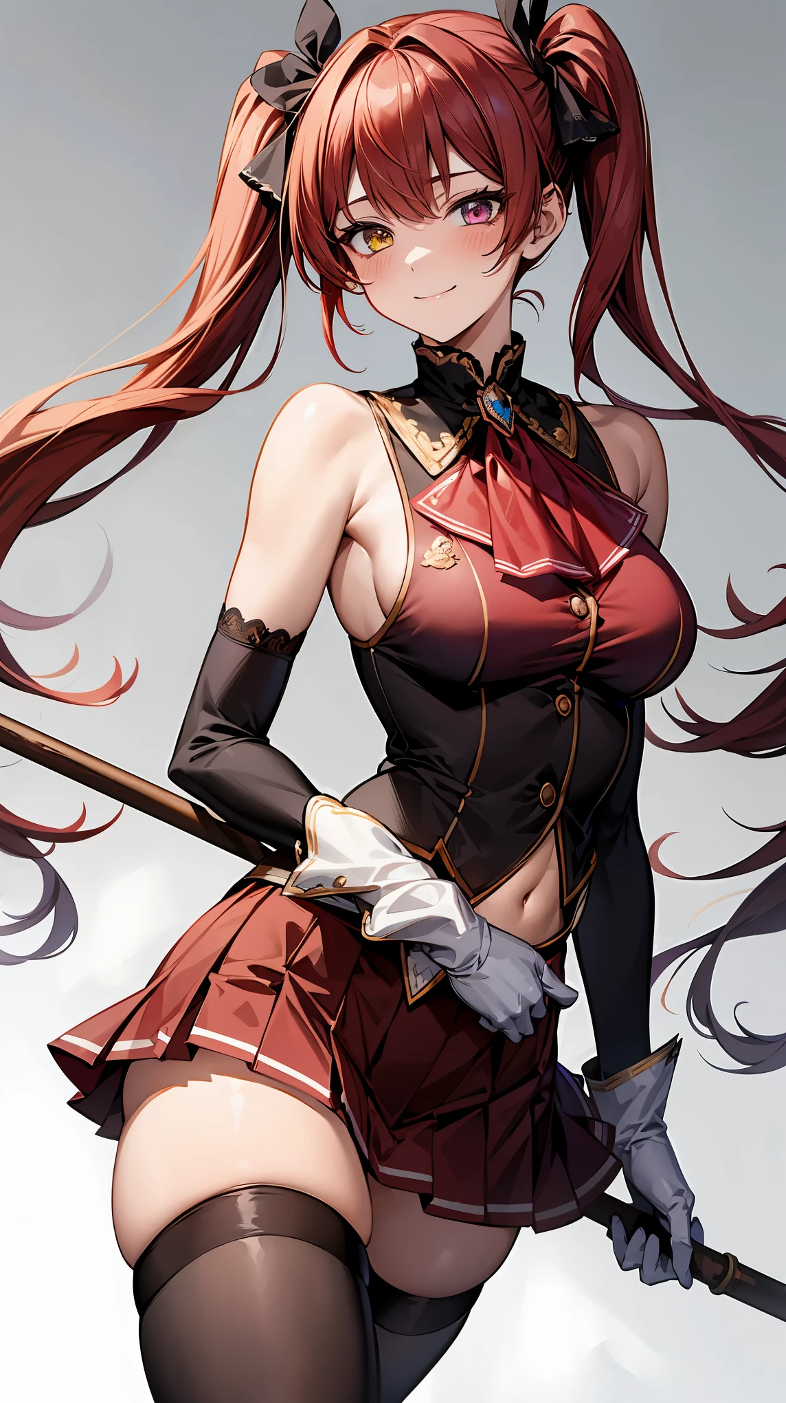 an illustration of a young woman in tight fitting outfit holding a whip, 1girl, houshou marine, solo, virtual youtuber, breasts, twintails, red hair, heterochromia, thighhighs, red eyes, yellow eyes, skirt, white gloves, gloves, long hair, looking at viewer, hair ribbon, ribbon, white background, red skirt, smile, ascot, blush, large breasts, pleated skirt, covered navel, sleeveless, brooch, see-through, jewelry, red ribbon, cleavage, lace-trimmed legwear, red ascot