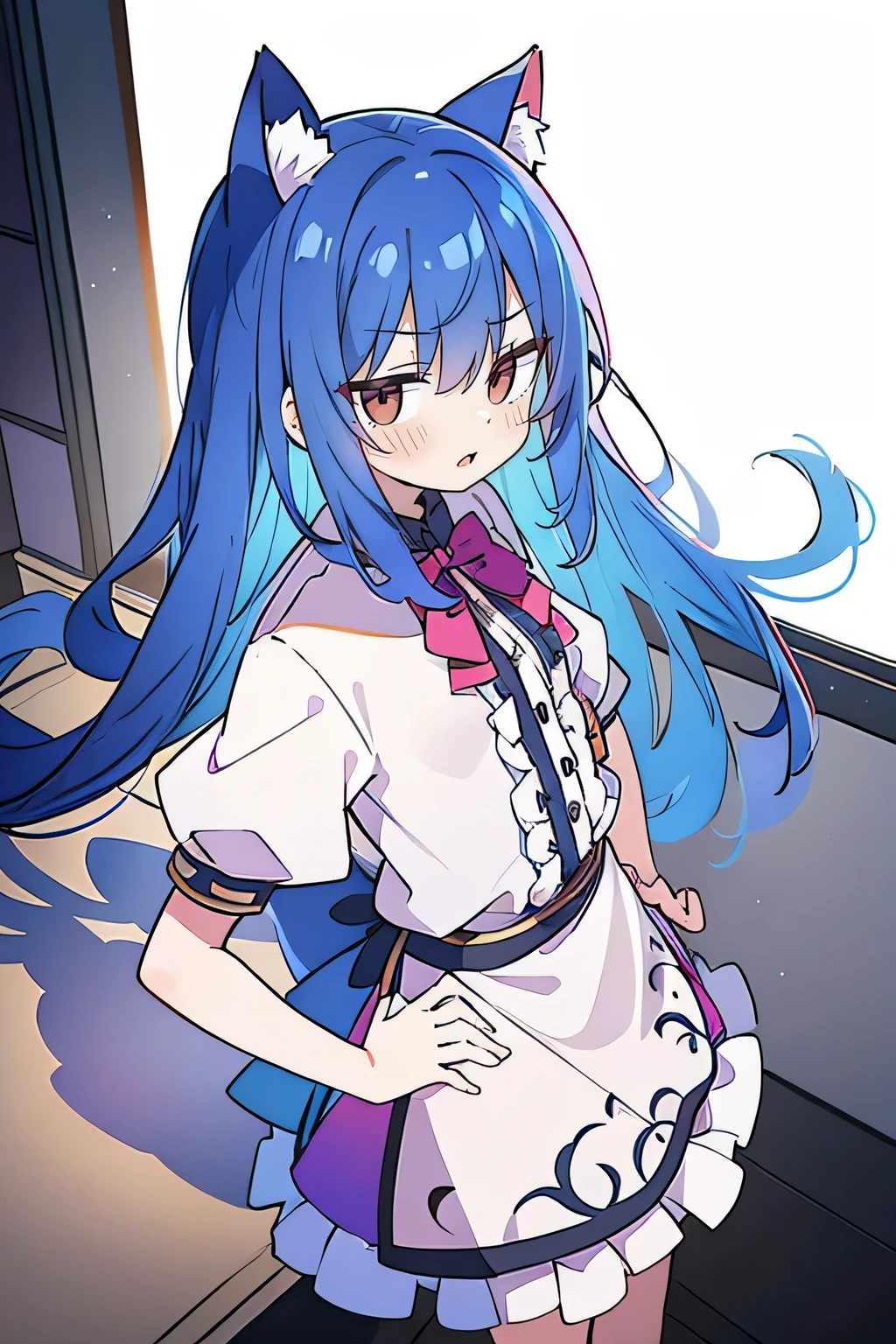 (masterpiece),best quality, expressive eyes, perfect face, 1girl,
Put your hands on your waist,fair, Gorgeous,Japanese cartoons,girl,lola,Hina Angel, blue hair, blue haired, floating clothes,Grab your waist, Grab your waist, hands on hips , hands on hips,sit, sit on ground, Legs on the ground, flat chest,cat ears,