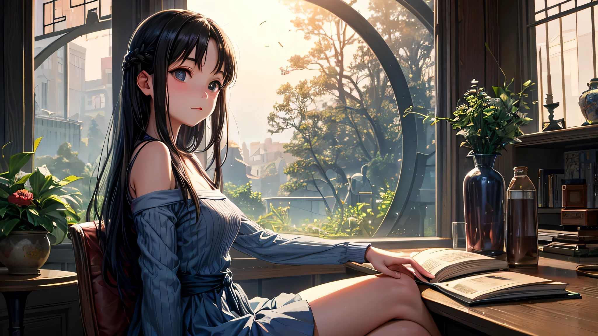 Singular light, alone, woman, cosmic, fantsy, looking away:1.4, adult, busty, Ghibli-like design, living room, sitting, dark hair, studying, face seen from the side, Completely sideways,landscape orientation, side view, bar