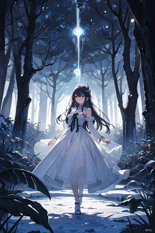 (Obra maestra:1.2), Mejor calidad, (illustration:1.2), (ultra detallado), hiper detalles, (delicado detallado), (detalles intrincados), (cinematic light, Mejor calidad Backlights), Delete line, solista, Cuerpo perfecto, (1 chica),whimsical big moon effrayante et mignonne a la fois . une forêt enchantée aux arbres noirs aux feuilles noires pailleté scintillante avec des lucioles scintillante qui tournent des lanternes suspendues aux arbres . des etoiles. une cascade a eau noire scintillante un immense oiseaux noir . ressemblant the illustrations Nicoletta ceccoli and Tim Burton ., (constituir), alto contraste, (mejor iluminacion, un extremadamente creado y hermoso), (cinematic light), vistoso,