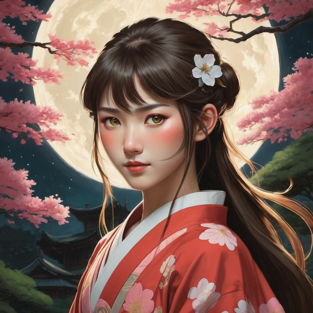 (best quality,4k,highres,masterpiece:1.2),ultra-detailed,(realistic:1.37),A girl with flowing long hair,mesmerizing green eyes, and a mischievous smile, wearing a vibrant red kimono adorned with intricate floral patterns, standing in a lush garden surrounded by blooming cherry blossom trees [1girl]. The girl is shown in a dynamic pose, holding a golden paint marker as she gracefully creates a sketch on a large black paper. 

The sketch starts with a few swift strokes, forming an outline of the iconic character Mononoke-hime from Hayao Miyazaki's anime film. The lines of the sketch flow seamlessly, capturing Mononoke-hime's fierce and strong presence. The gold paint marker glimmers under the soft moonlight, emphasizing the magical atmosphere. 

The artwork is created in the style of Vince Lowe, known for his expressive and spontaneous one-line sketches. The simplicity of the one-line technique adds a touch of elegance and captures the essence of Mononoke-hime's character. The sketch has an ethereal quality, with subtle shading and highlights that bring depth to the composition. 

The black paper provides a striking contrast and enhances the richness of the colors used. The cherry blossom trees in the surrounding garden are in full bloom, their delicate pink petals gently floating in the air. The garden is filled with vibrant flowers, adding splashes of color to the serene setting. 

The artwork is rendered with high attention to detail and realism. Every stroke and line in the sketch is finely captured, showcasing the artist's skill. The shadows and highlights on Mononoke-hime's face highlight her features and reflect the moon's gentle glow. The atmosphere is further enhanced by the play of light and shadow, creating a captivating visual experience. 

The overall color tone of the artwork is warm and inviting, with a focus on earthy tones and shades of gold. The lighting is soft and gentle, adding a sense of tranquility to the scene. The artist's choice of color and 