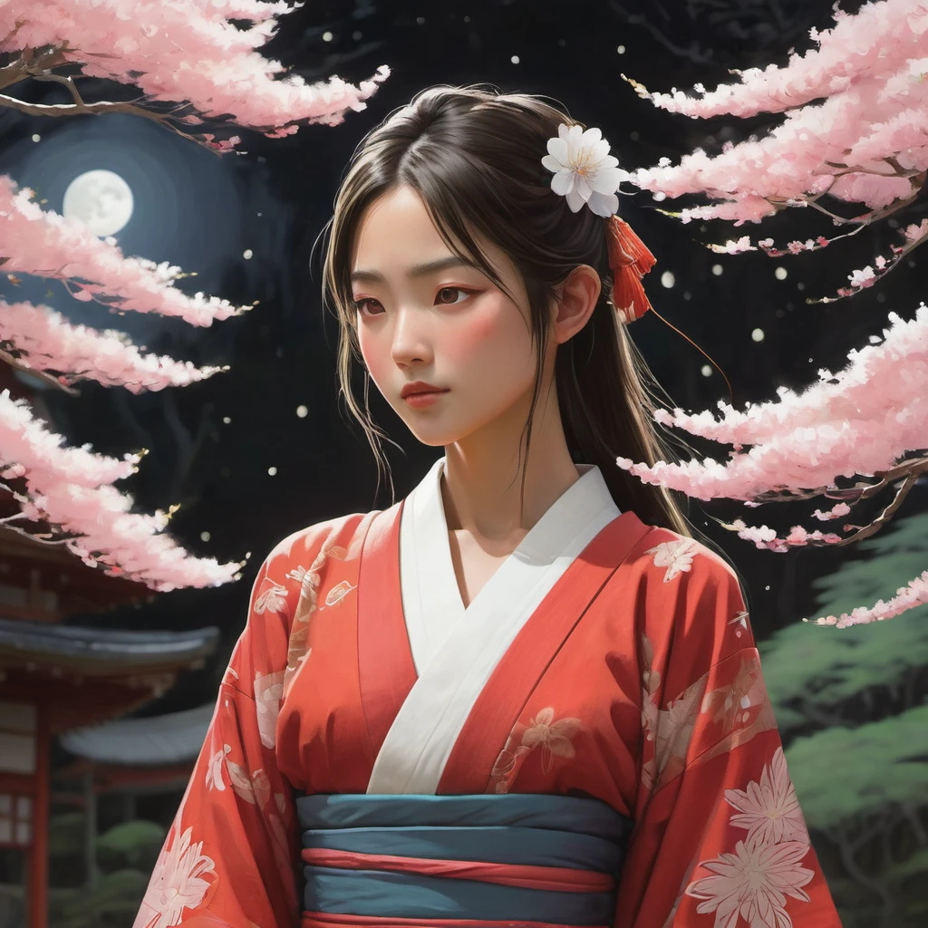 (best quality,4k,highres,masterpiece:1.2),ultra-detailed,(realistic:1.37),A girl with flowing long hair,mesmerizing green eyes, and a mischievous smile, wearing a vibrant red kimono adorned with intricate floral patterns, standing in a lush garden surrounded by blooming cherry blossom trees [1girl]. The girl is shown in a dynamic pose, holding a golden paint marker as she gracefully creates a sketch on a large black paper. 

The sketch starts with a few swift strokes, forming an outline of the iconic character Mononoke-hime from Hayao Miyazaki's anime film. The lines of the sketch flow seamlessly, capturing Mononoke-hime's fierce and strong presence. The gold paint marker glimmers under the soft moonlight, emphasizing the magical atmosphere. 

The artwork is created in the style of Vince Lowe, known for his expressive and spontaneous one-line sketches. The simplicity of the one-line technique adds a touch of elegance and captures the essence of Mononoke-hime's character. The sketch has an ethereal quality, with subtle shading and highlights that bring depth to the composition. 

The black paper provides a striking contrast and enhances the richness of the colors used. The cherry blossom trees in the surrounding garden are in full bloom, their delicate pink petals gently floating in the air. The garden is filled with vibrant flowers, adding splashes of color to the serene setting. 

The artwork is rendered with high attention to detail and realism. Every stroke and line in the sketch is finely captured, showcasing the artist's skill. The shadows and highlights on Mononoke-hime's face highlight her features and reflect the moon's gentle glow. The atmosphere is further enhanced by the play of light and shadow, creating a captivating visual experience. 

The overall color tone of the artwork is warm and inviting, with a focus on earthy tones and shades of gold. The lighting is soft and gentle, adding a sense of tranquility to the scene. The artist's choice of color and 