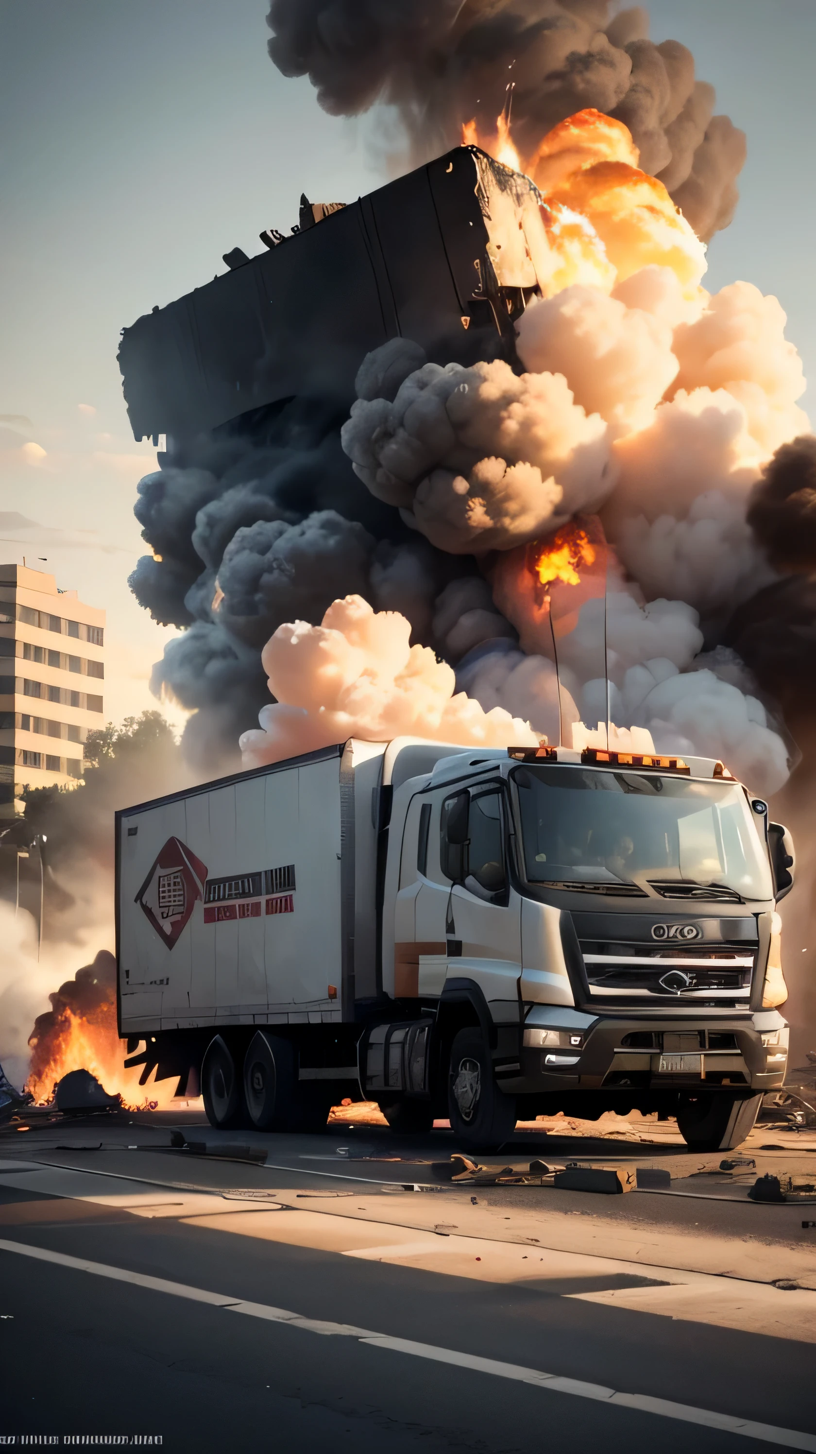 the truck carrying the bomb exploded, broken, destroyed, fire, explosion, smoke, 8k