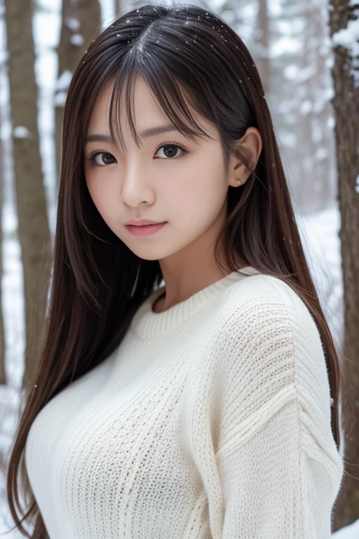in the snowy forest, japanese girl, winter knit sweater, , big breasts, realistic portrait, Depth of the bounds written, f/1.8, anatomically correct, , Super detailed, advanced details, high quality, Super detailed, advanced details, high quality, 最high quality, High resolution