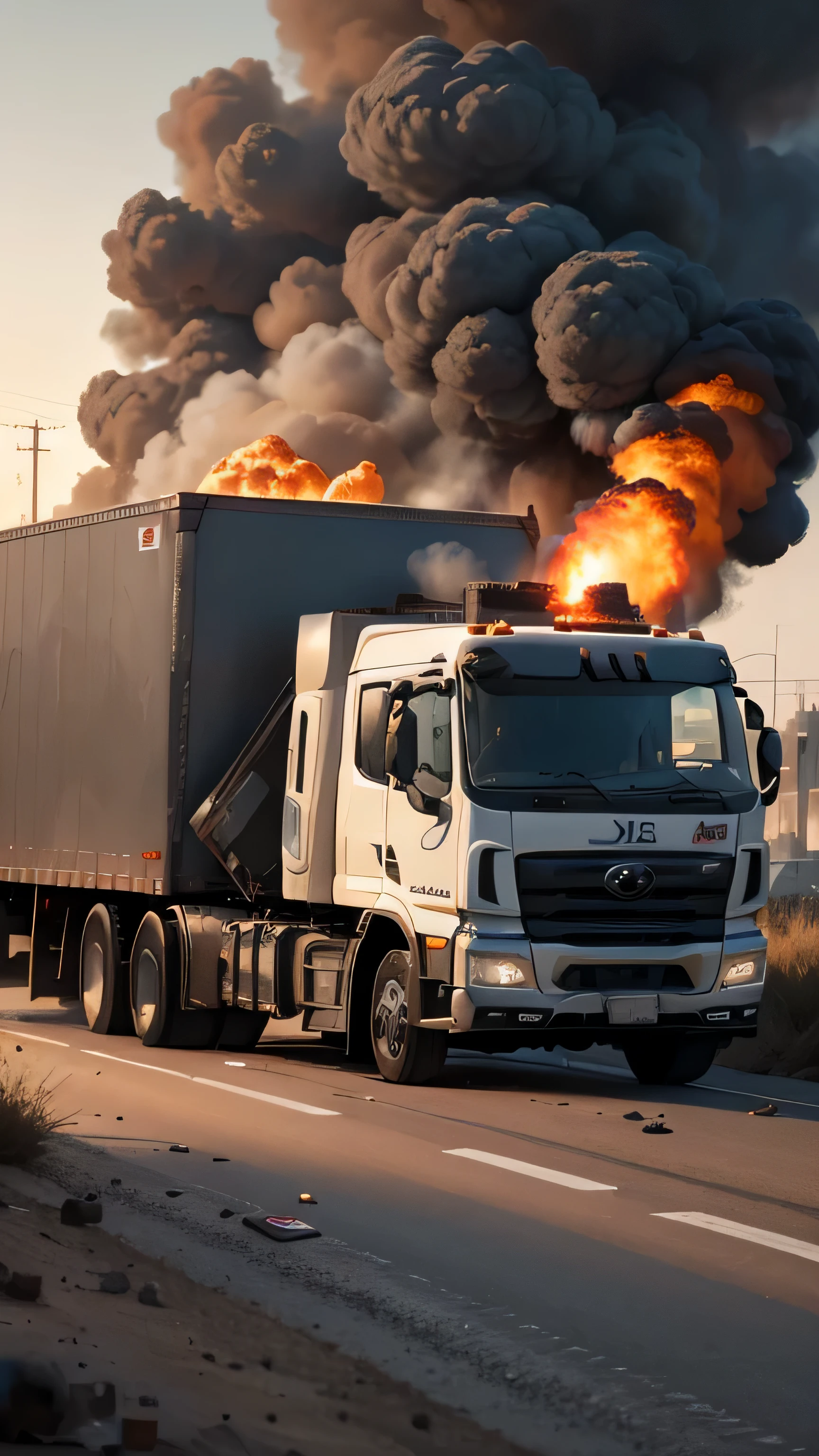 the truck carrying the bomb exploded, broken, destroyed, fire, explosion, smoke, 8k