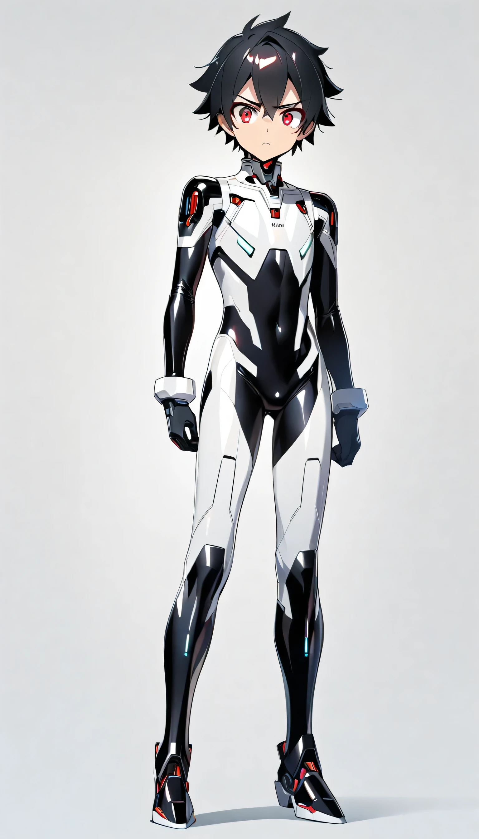 full body image, anime android robot boy, 1boy, shiny, skintight latex ((black and white)) sci-fi bodysuit, short, brushed black hair, red eyes, neutral expression, plain white background