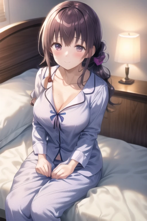 High resolution、high quality、masterpiece、1 girl、pajamas、bed、bedの上にしゃがむ、chest、big chest、sleepy