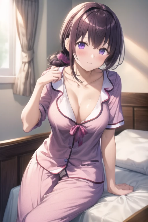 High resolution、high quality、masterpiece、1 girl、pajamas、bed、bedの上にしゃがむ、chest、big chest、sleepy