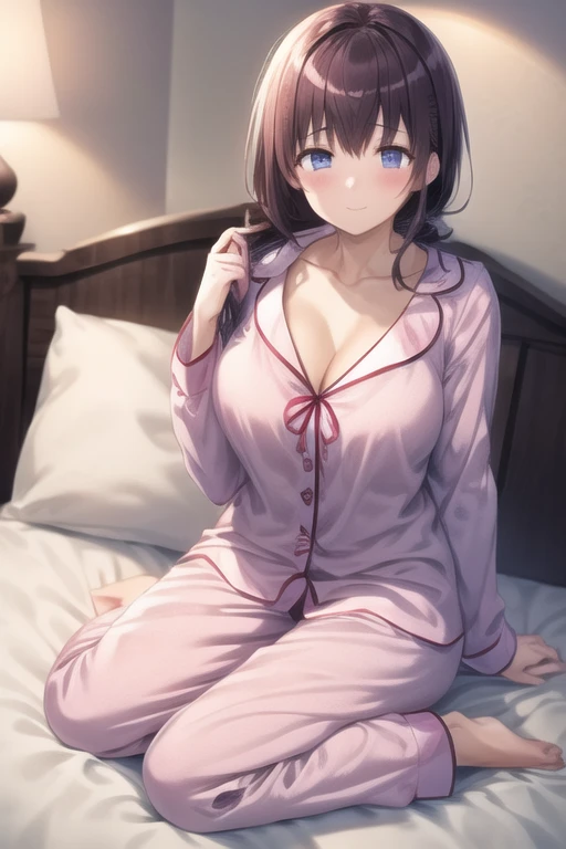 High resolution、high quality、masterpiece、1 girl、pajamas、bed、bedの上にしゃがむ、chest、big chest、sleepy