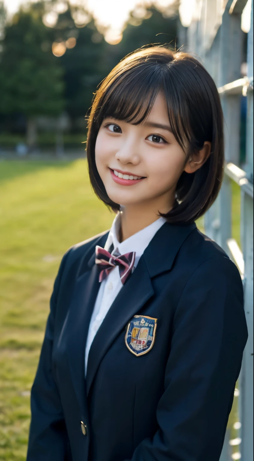 (highest quality,8K quality,masterpiece:1.3),(超A high resolution,Photoreal:1.4,Raw photo),(Super detailed,caustics,detailed background),(ultra-realistic capture,Fine and beautiful skin,perfect anatomy),at dusk,sunset sky,school building,schoolyard,18-year-old,cute,single eyelid,black short bob,school blazer uniform,looking at camera,laughter,bust up shot,natural soft light