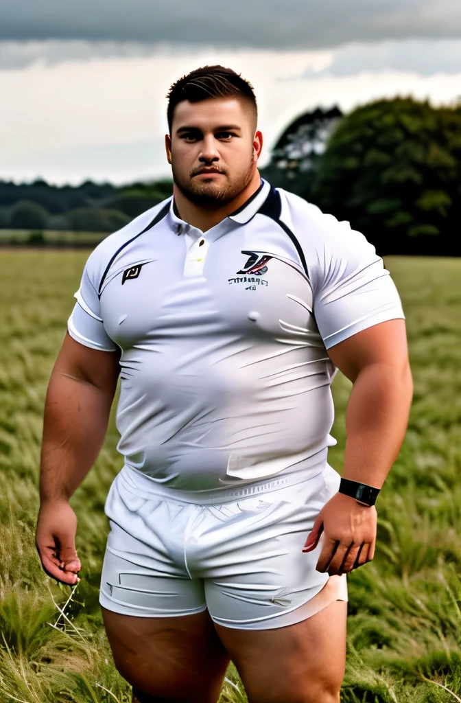 realistic, 24yo chubby beefy rugby player, muscle, standing in a field of grass, full body, early morning, light from the front , handsome, sharp focus, white shirt, white rugby shorts, super short pants, tented bulge in the crotch, huge testicles, very thick thigh, 