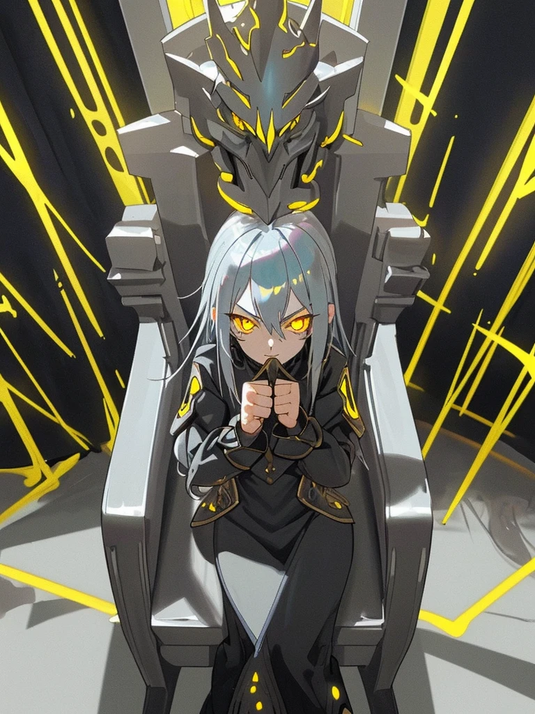 1girl, blue-silver hair, yellow eyes,dark menacing aura, sitting on a throne, front angle view, looking down,fist hand on cheek, dark shade on face,glowing yellow eyes