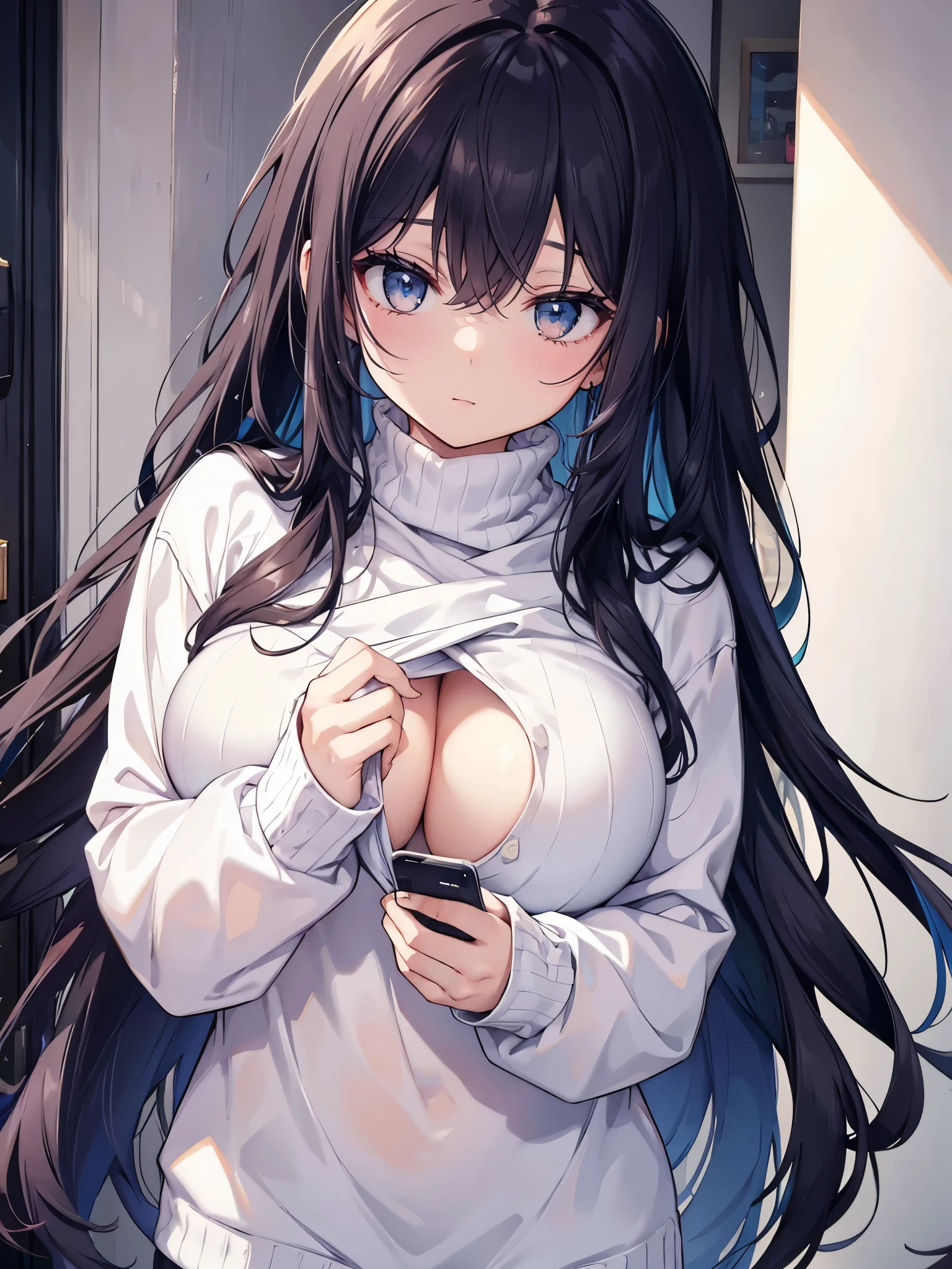White sweater,long black hair,F cup