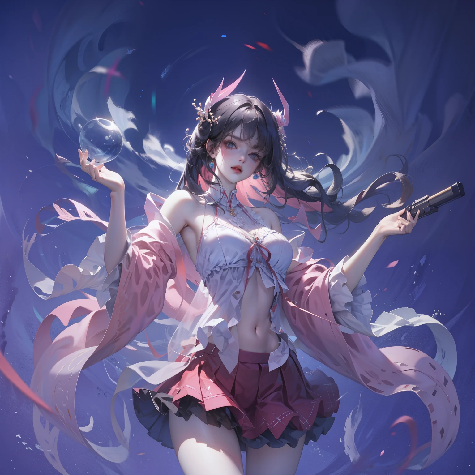 masterpiece, best quality, 1 girl, black hair, bare shoulders, long hair, skirt, cowboy shooting, dynamic poses, Dynamic angle,