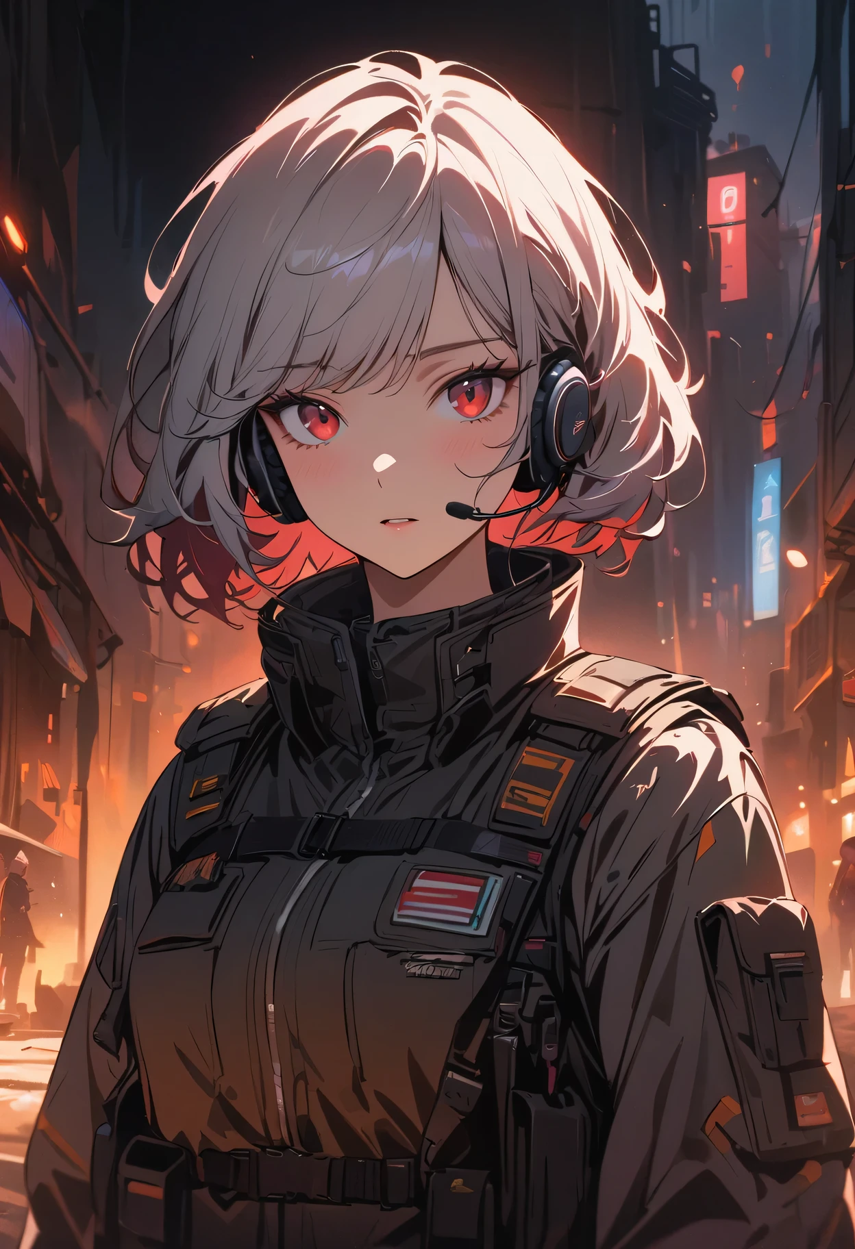 masterpiece , a girl, On the war zone, ( light white short hair:1.2), (Red eyes:1.2), (uniform:1.2), (looking at the audience:1.2) , (8K, best quality 1.2), Super detailed, 8K uhd, soft light, high quality, film grain, beautiful lights, cinematic ,Perfect body , best lighting, best shadow, clarity, Compared, red glasses, messy hair, Tactical Vest, Gloves, earphone, Ridiculously high-detailed faces