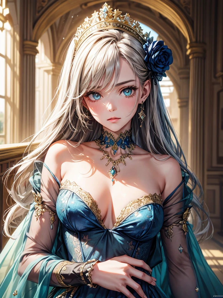 (best quality, high resolution, masterpiece:1.2), Super detailed, Beautiful and delicate lake green eyes, Beautiful and delicate lips, extremely detailed face, super long hair, 1 girl, royal members, Beautiful girl with golden beige hair, ((Wearing a royal blue royal costume)), see-through chiffon platinum shawl, (gold ornaments), golden and silver pattern, (light blue pattern), (complex pattern:0.5), Lovely, attractive, portrait, delicate eyes, Luminous earrings, Reflective pupil, royal clothing design, see-through detail clothing design, (empty:0.7), chiffon, (see-through chiffon), (lace:0.7), black gloves, Diamond choker, Diamond ring, Diamond hairpin, medieval european castle, Super high quality skin, Real skin texture, super high detail, anime, Realism, 8K, UHD, ccurate