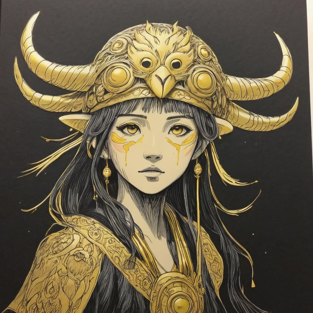 A careless sketch with a gold paint marker in one line In the manner of Vince Lowe, on black paper. Mononoke-hime from the anime by Hayao Miyazaki.