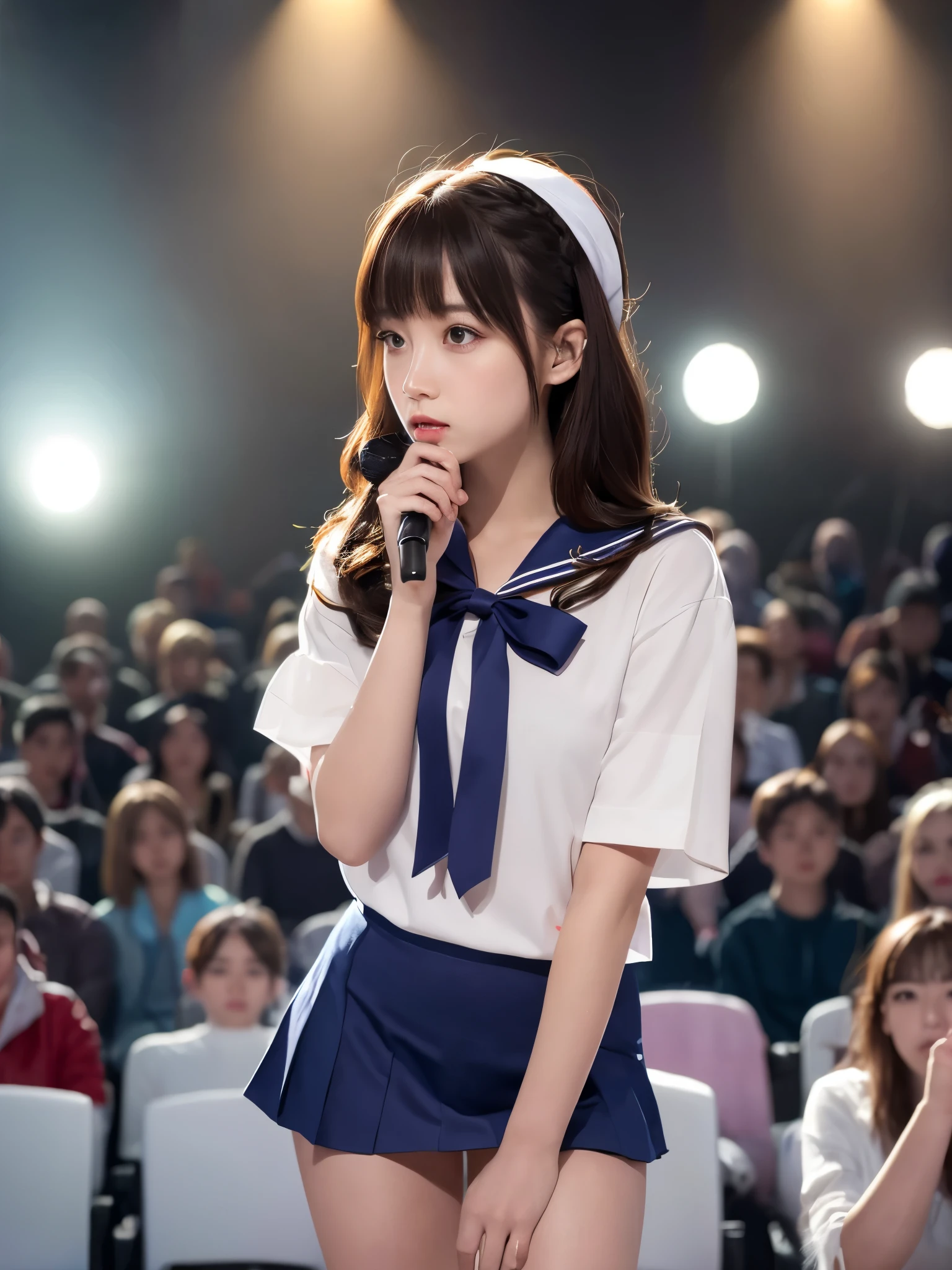 White base with purple-red sailor suit、tulle skirt、23 years old, perform on stage, concert photos, cute core、(bob hair)、(((watching the audience)))、ribbon on head、（自然でdetailed face立ち、beautiful and detailed eyes、beautiful and dense lips、very detailed eyes、detailed face、long eyelashes）（8K resolution）、High resolution、masterpiece：1.2 )、Super detailed、(real、photorealistic、photorealistic: 1.37)、8K、fantastic lighting、bright colors、standing position