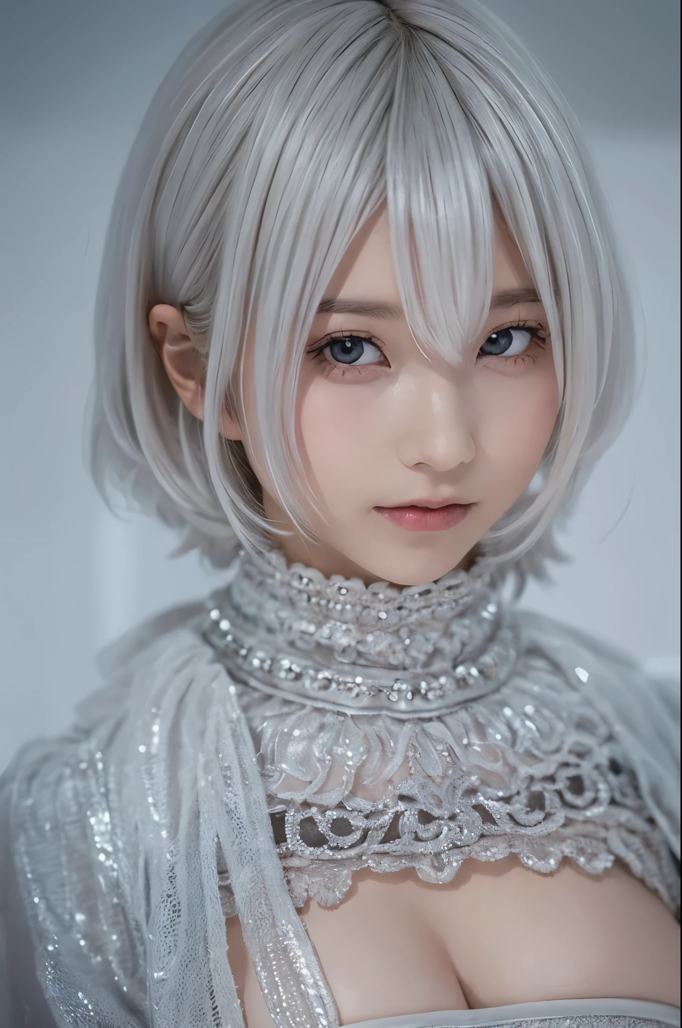 ((high quality)),on the table,(Detailed description of local details:1.2),1 japanese girl,(plump breasts:1.3),Magic Valley,Keep your mouth shut,eyelash,looking at the audience,portrait,alone,Upper body,white hair,white theme,short hair,silver hair,Night. Type 2 B,