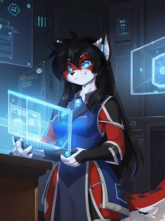 a beautiful and detailed (cute portrait) from ((We are buying)), skinny, Cat, amazing, red fur, white fur, Long black hair, Blue eyes, Medium breasts, Blue sleeveless military uniform with side slits, Typing on a holographic computer, split, Smirk, looking up, tail, black fur, antro, fluffy,  Holographic screen, Science fiction, uploaded e621, detailed fluffy fur, (from down-kevlar, Bayard Wu, Personalami, Pinot Daeni), detailed face, (fluffy),