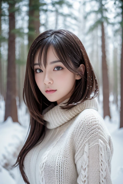 in the snowy forest, japanese girl, winter knit sweater, , big breasts, realistic portrait, Depth of the bounds written, f/1.8, anatomically correct, , Super detailed, advanced details, high quality, Super detailed, advanced details, high quality, 最high quality, High resolution、super beautiful、beautiful skin、beautiful and detailed eyes、detailed face、slim、moderately、short hair、brunette colored hair、brown eyes、