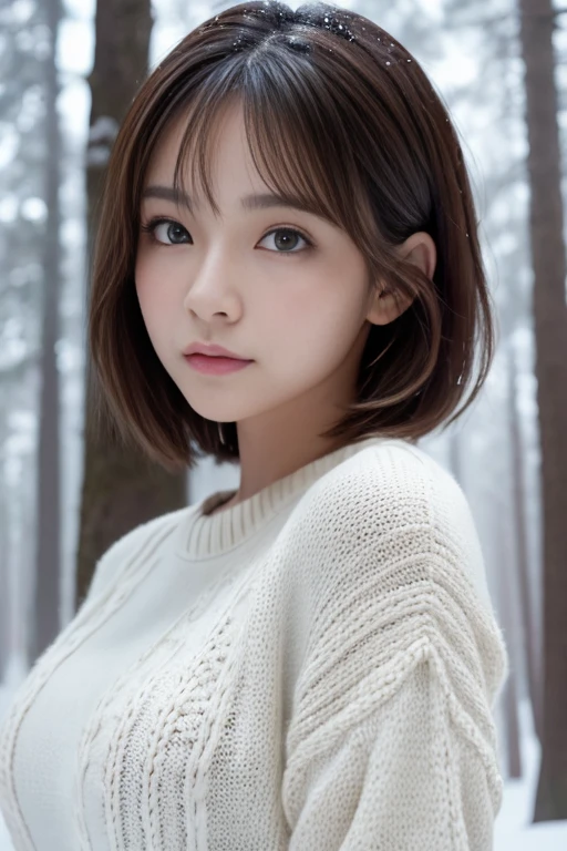 in the snowy forest, japanese girl, winter knit sweater, , big breasts, realistic portrait, Depth of the bounds written, f/1.8, anatomically correct, , Super detailed, advanced details, high quality, Super detailed, advanced details, high quality, 最high quality, High resolution、super beautiful、beautiful skin、beautiful and detailed eyes、detailed face、slim、moderately、short hair、brunette colored hair、brown eyes、