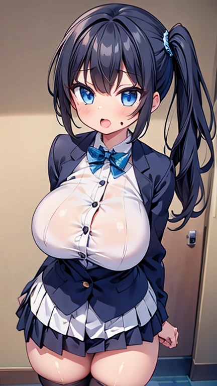highest quality,wonderful,finely,extremely detailed CG Unity 8K wallpaper, (1 girl,black hair, blue eyes,side ponytail), (gigantic breasts:1.3), (button gap:1.3), (open mouth:1.2), (long tongue:1.2), (mouth drool:1.2), (black stockings:1.1),(Thighs),(constriction)