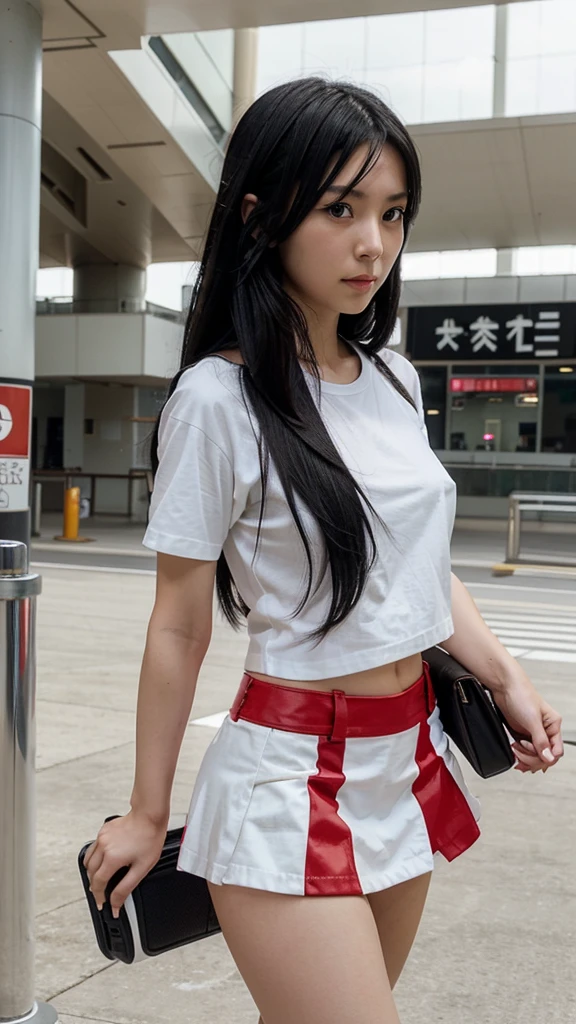 Anime of a beautiful Japanese woman with long black hair and strong breasts dressed in a white mini t-shirt and a black checkered red mini skirt with a black suitcase leaving the airport 