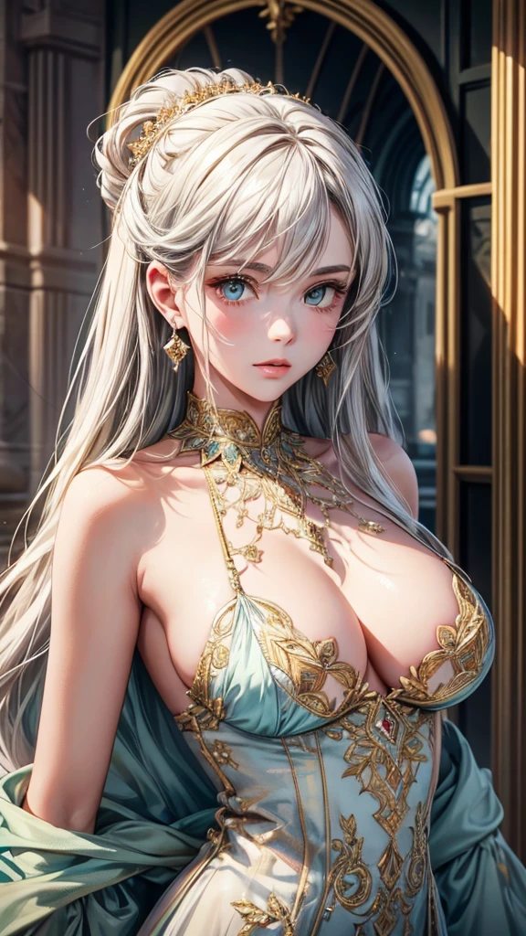 (best quality, high resolution, masterpiece:1.2), Super detailed, Beautiful and delicate lake green eyes, Beautiful and delicate lips, extremely detailed face, super long hair, 1 girl, royal members, Beautiful girl with golden beige hair, (Wearing a royal blue royal costume), see-through chiffon platinum shawl, (gold ornaments), golden and silver pattern, (light blue pattern), (complex pattern:0.5), Lovely, attractive, portrait, delicate eyes, Luminous earrings, Reflective pupil, royal clothing design, see-through detail clothing design, (empty:0.7), chiffon, (see-through chiffon), (lace:0.7), black gloves, Diamond choker, Diamond ring, Diamond hairpin, medieval european castle, Super high quality skin, Real skin texture, super high detail, anime, Realism, 8K, UHD, ccurate