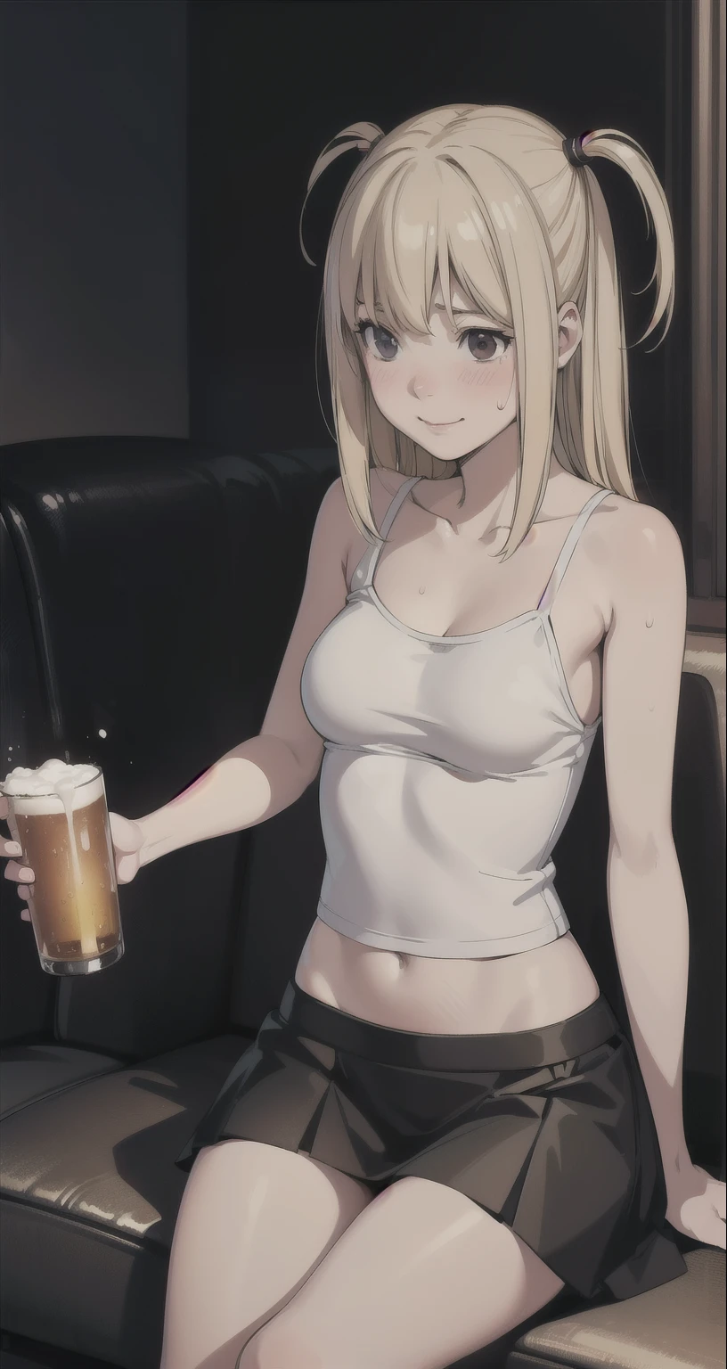 { masterpiece : best quality : high resolution : unity 8k wallpaper : illustration } { Background = inside a creepy room } { Misa Amane : perfect slender body : perfect small shape breast :  drunk smile : cheers : holding a beer : drunk expression : blush : sweating : white tanktop and black skirt : sitting on sofa }