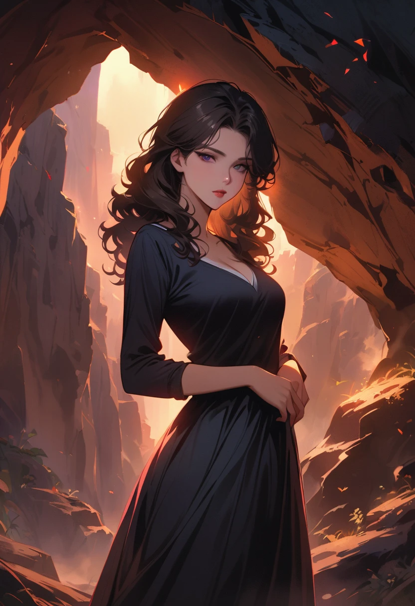 1980s, (sharp focus:1.2), photo, Attractive young woman, (pretty face:1.1), delicate eyes, sweet lips, (smokey eye makeup:0.85), (medium breasts:1.0), (athletic body:1.2), (curls:1.2), wear (long skirt:1.2) in a (cliff edge:1.2). (moody lighting:1.2), depth of field, Bokeh, 4K, high dynamic range.