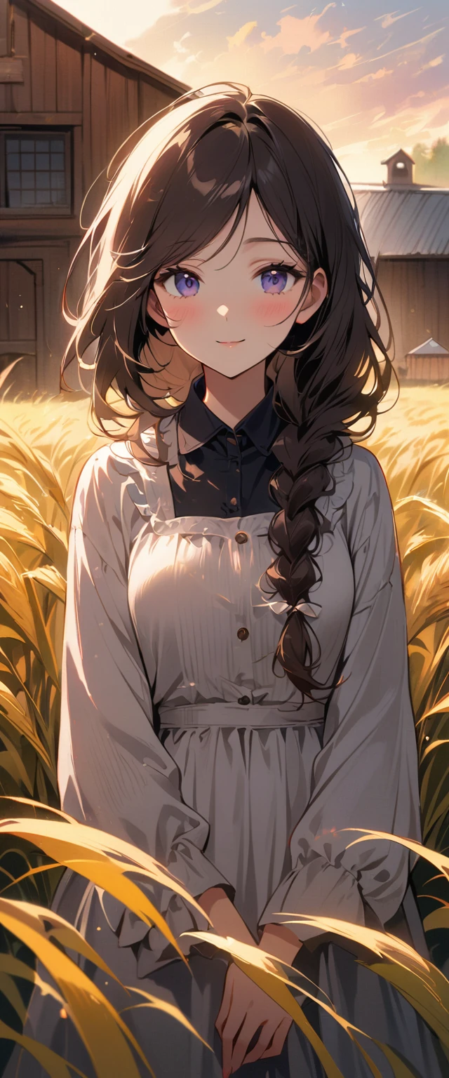1 girl, 20 years old, tall and attractive, Wearing cute country clothes, hair braided, Stand in a rustic farm setting. she has a soft, Gentle smile and expressive eyes. A charming barn in the background, Golden wheat fields and clear blue sky. The composition should be bathed in warm golden hour light, Soft depth of field and soft bokeh accentuate the idyllic tranquility. Capture images just like shooting on old-school 35mm film,add charm, Movie,