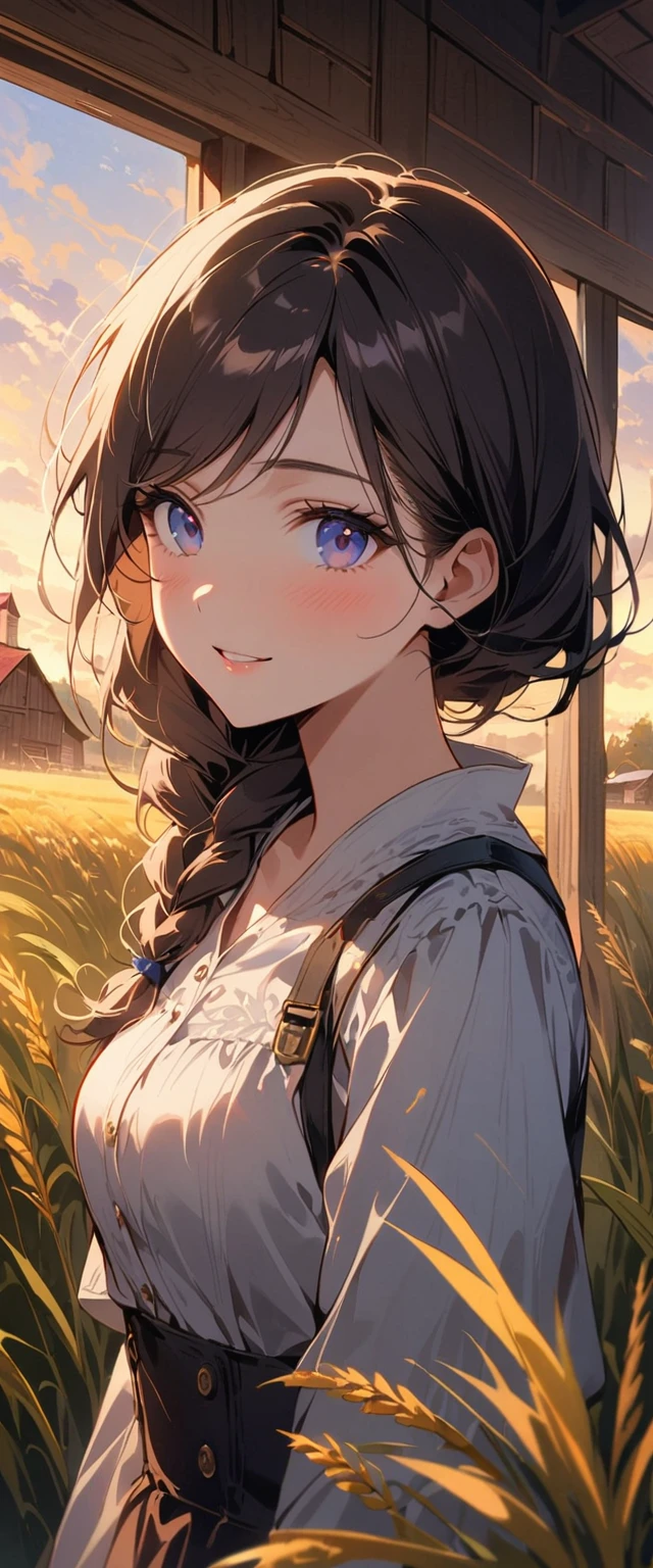 1 girl, 20 years old, tall and attractive, Wearing cute country clothes, hair braided, Stand in a rustic farm setting. she has a soft, Gentle smile and expressive eyes. A charming barn in the background, Golden wheat fields and clear blue sky. The composition should be bathed in warm golden hour light, Soft depth of field and soft bokeh accentuate the idyllic tranquility. Capture images just like shooting on old-school 35mm film,add charm, Movie,